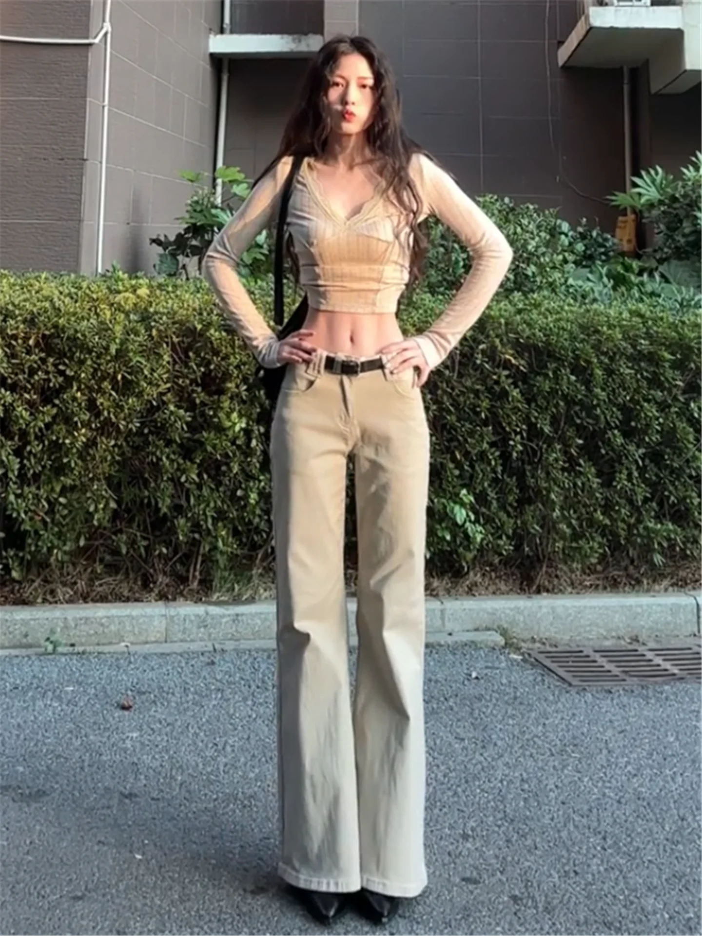 

Женские джинсы-клеш с низкой талией, весенние, облегающие, длинные, до щиколотки, цвета хаки, в американском уличном стиле, ретро, из хлопка с эффектом потертости