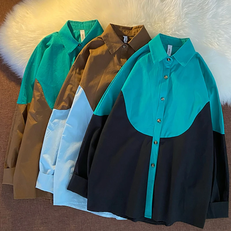 DAYIFUN American Fashion Shirts Women Contrasting Color Patchwork Design Blouses Spring Autumn Thin Ins Casual Long Sleeve Top