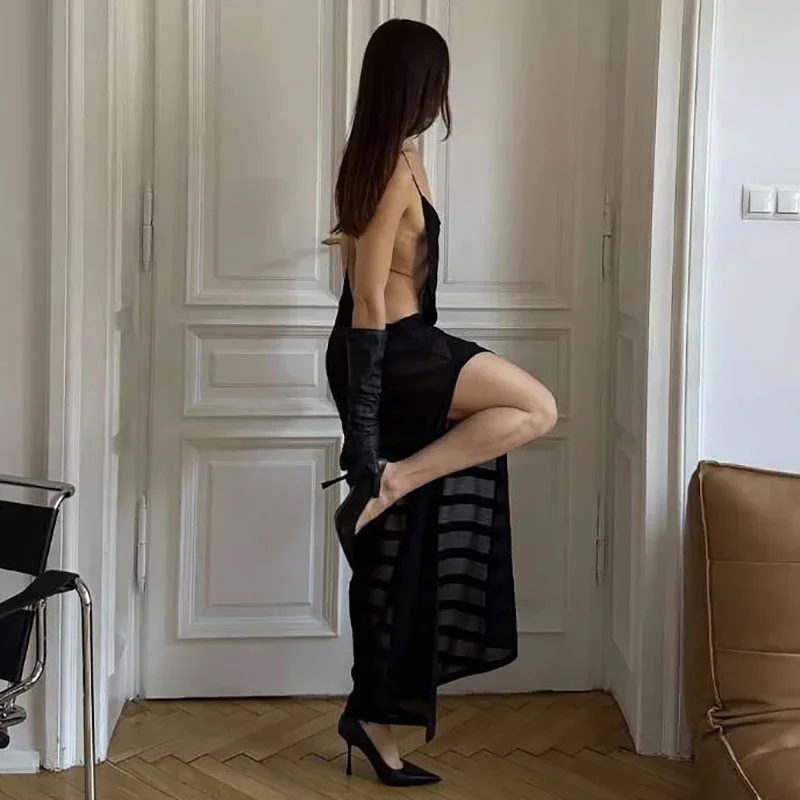 2025 malla transparente Sexy Halter Party Club Maxi vestido dividido trajes mujeres verano sin mangas espalda descubierta ceñido al cuerpo vestidos largos