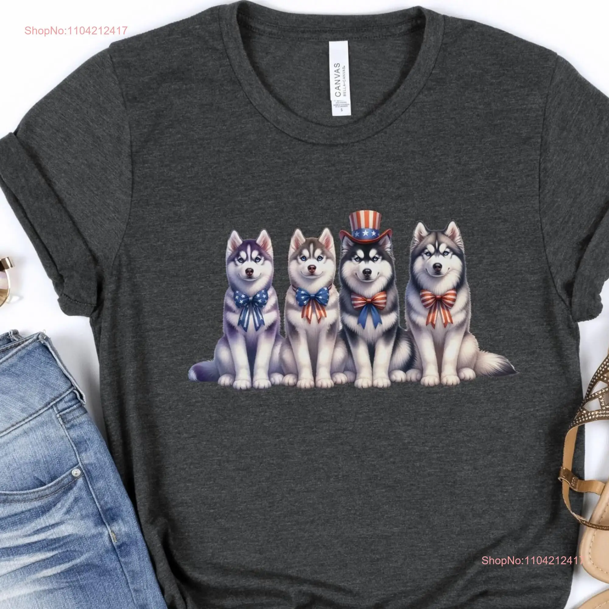 Patriotic Pink Bow Husky Dog Mom Person T Shirt Stars Stripes American Flag Mama s 4th Fourth July Aesthetic Hers