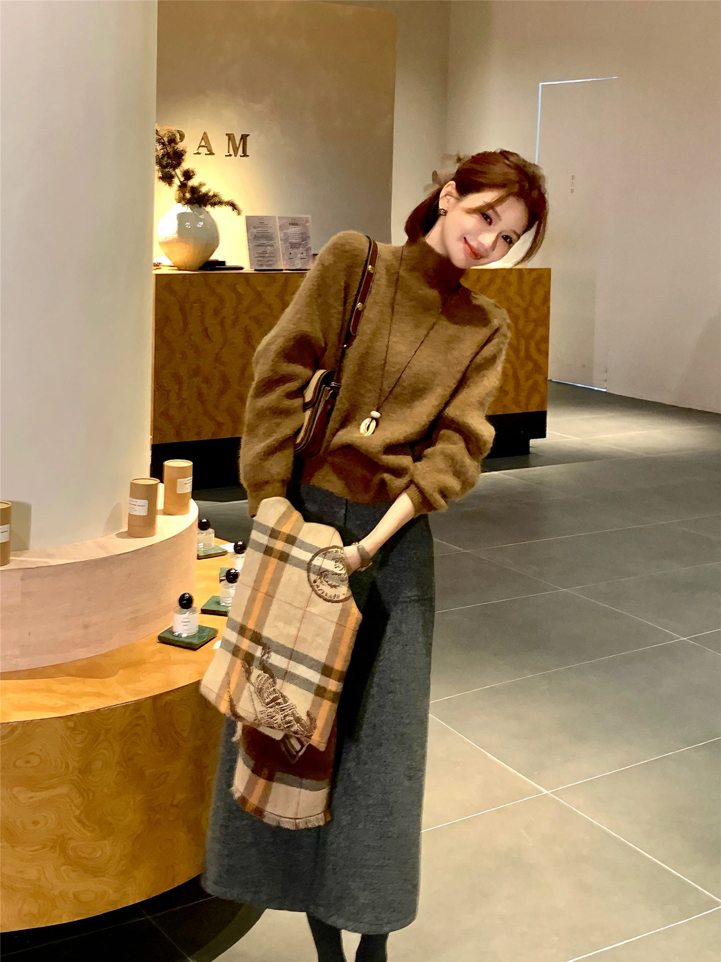 

Thiened Knitted Rabbit Fur Sweater Women's Warm Sle Casual All-Match Autumn Winter f-High Collar Long Sve Top