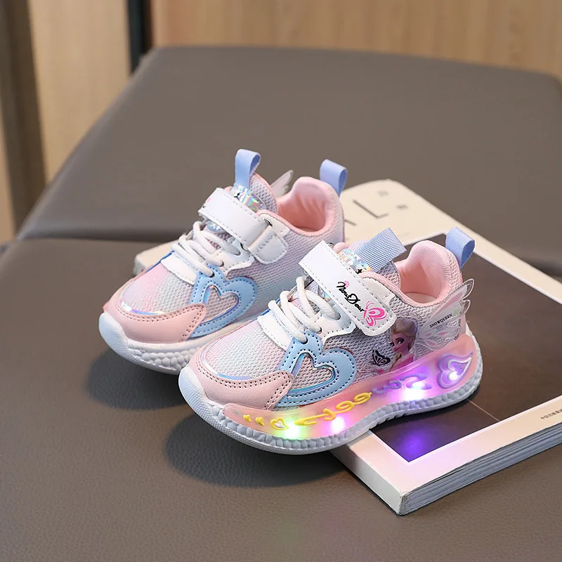 Children Led Shoes Kids Girls Sneakers Frozen Elsa Princess Lighting Shoes Pink Purple Casual Sports Shoes Size22-30