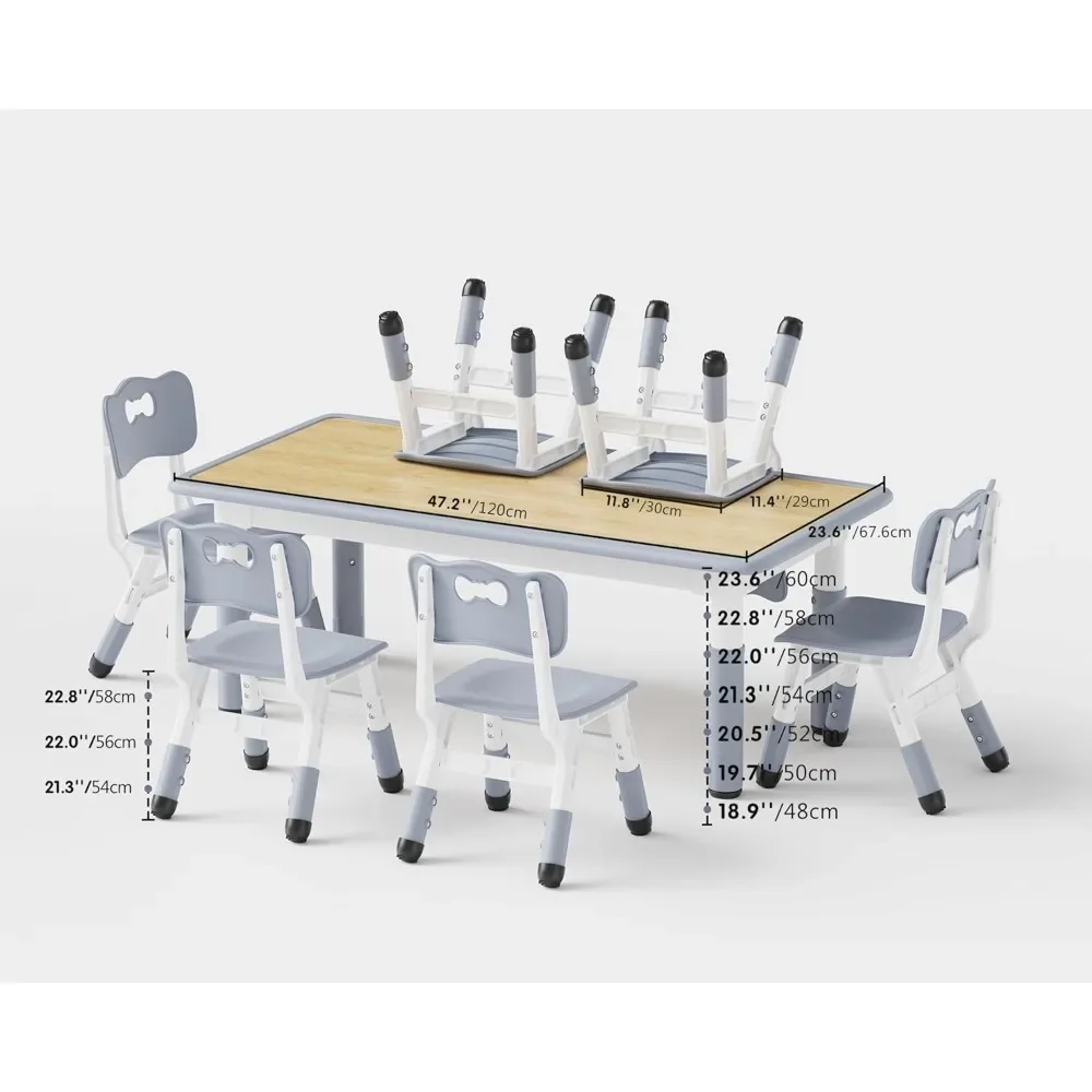 Kids Table and 6 Chairs Set, Height Adjustable Toddler Table and Chair Set, Graffiti Desktop, Classroom/Daycare/Home