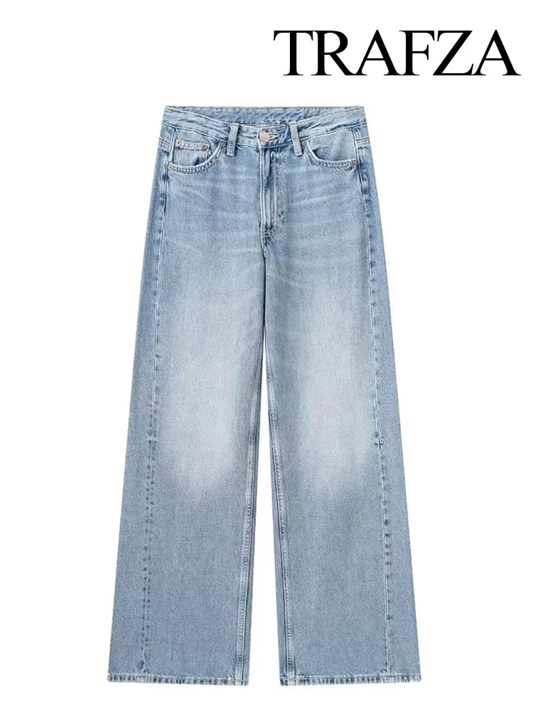 TRAFZA-Jean Long en Denim pour Femme, Pantalon à Jambes Larges, Cool, High Street, 4 Couleurs, Porté en Toutes Saisons, 2023