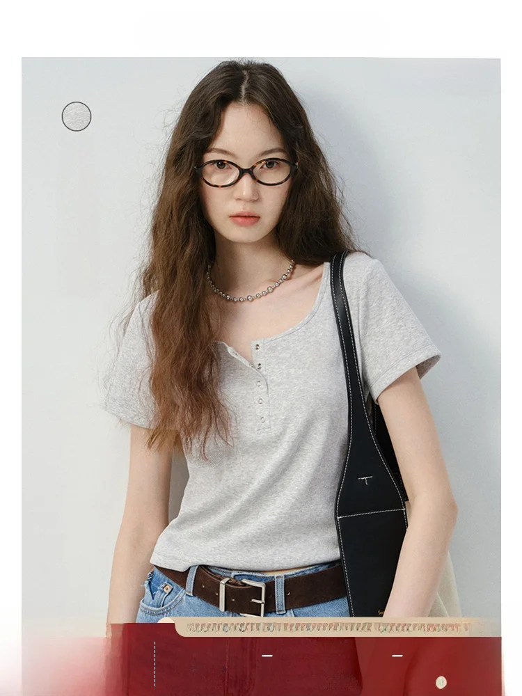 

VEGA CHANG Women's ort Sve T-irt Summer 2026 New Sle Large U-Ne Adjustable Button ort Length High Waist Top