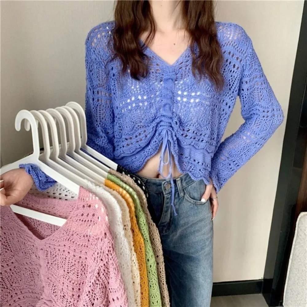 

Elegant Hollow Drawstring Sun Protection Top Thin V-neck Crochet Knit Top Pullover Loose Long-sleeved Knit Shirt