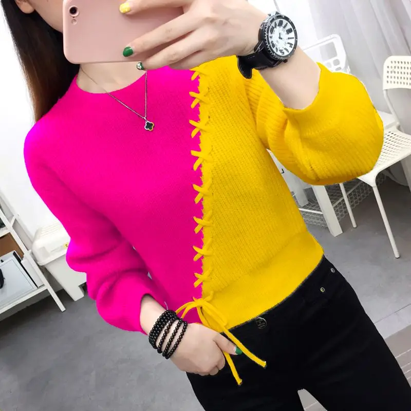 Autumn Winter Women Sweaters Pullover New Korean Long Sleeve Lace Up Spliced Round Neck Contrast Color Knit Sweaters Female Tops