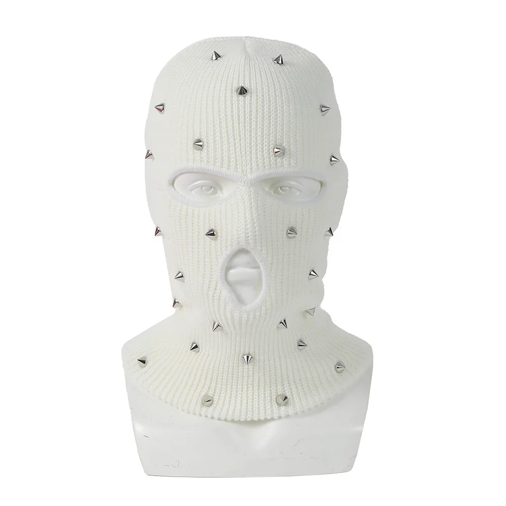 Rivet-Decorated Three-Hole Balaclava Hat, Knitted Full-Face Mask, Punk Hip-Hop Style, Halloween Role-Playing, Festival Party Outfit Accessory, Halloween Cosplay 3-Hole Full-Face Mask