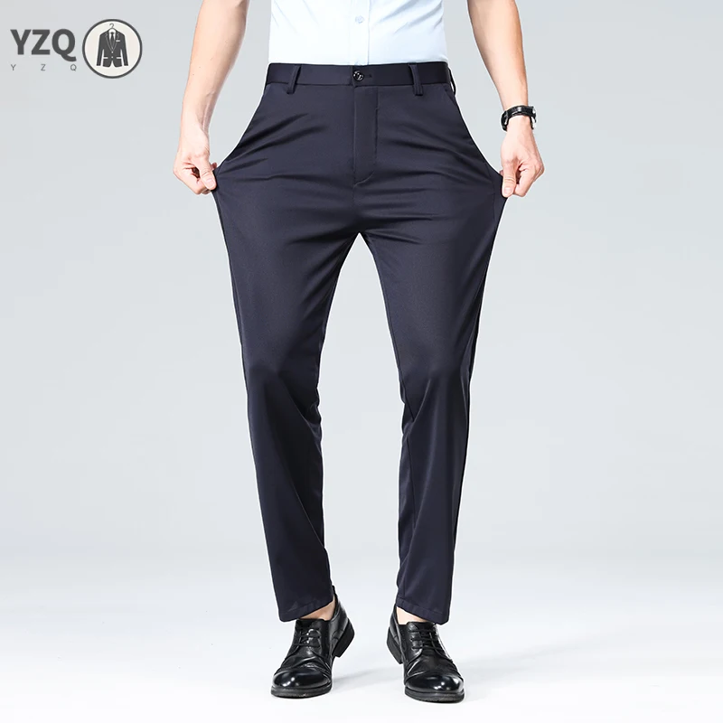 Mens Versatile Straight Fit Four Way Stretch Dress Trousers Soft Cool Fabric No Iron Chino Pants For Year Round Wear