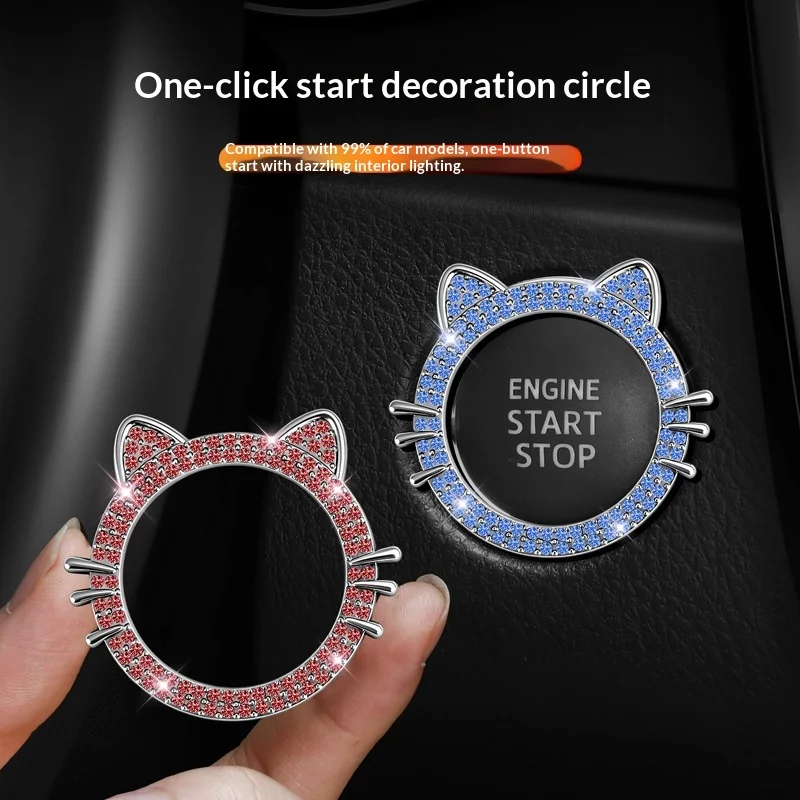 Diamond-studded Cat One-click Ignition Ring Sticker for Automotive Universal Decorative Ring - Automotive Ignition Button Cover
