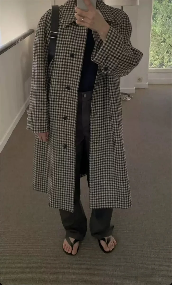 PREON Cappotto lungo di lana abbottonato con risvolto scozzese nuovo inverno vintage Cappotto da donna con bottoni singoli di media lunghezza in misto lana vestibilità ampia