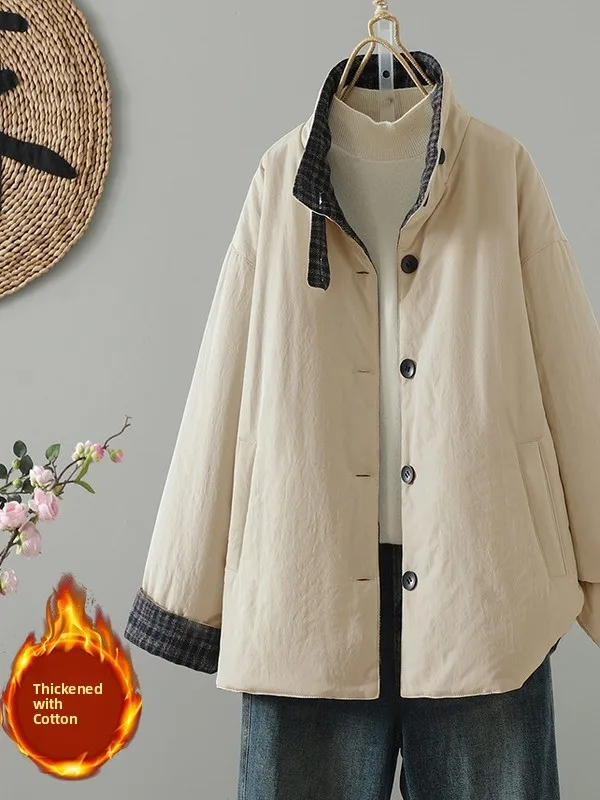 Coreano Sle Plaid Thiened Cotton Jaet Donna Inverno Caldo Colletto alla coreana Capispalla Lungo Sve Vestibilità regolare Bottone singolo