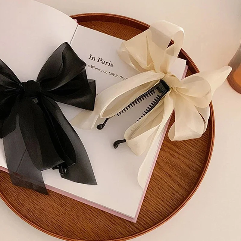 New Fashion Ribbon Bow Banana Hair Clip For Women Back-Head Ponytail Headdress Accessory