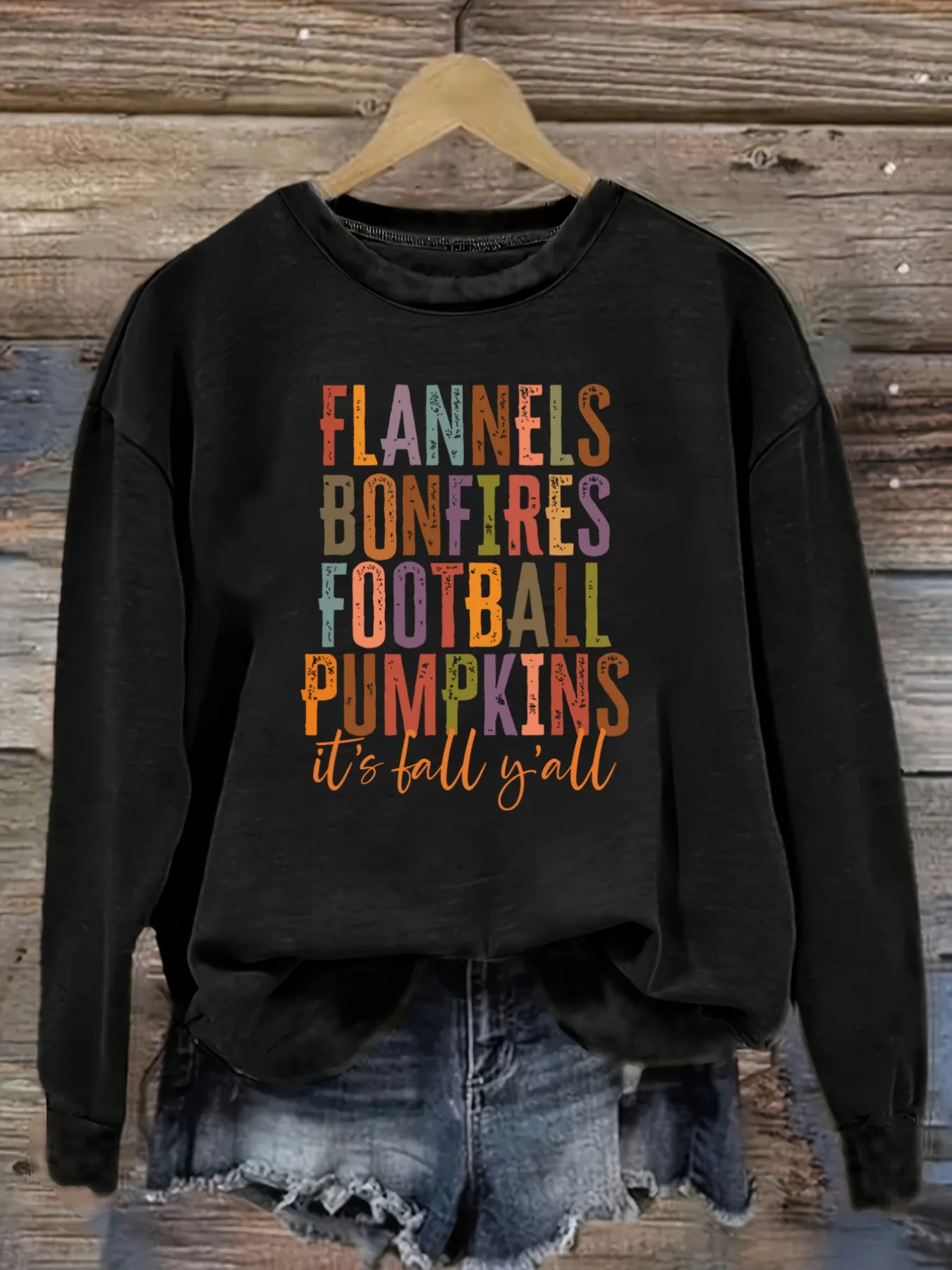 Women's Casual Long Sleeve Crew Neck T-Shirt Flannels Bonfires Football Pumpkins Fall Design, Round Neck Women's Clothing, Machine Washable, Slightly Elastic, Loose Fit, Spring Autumn Winter Women's T-Shirt, Halloween Costume Outfit