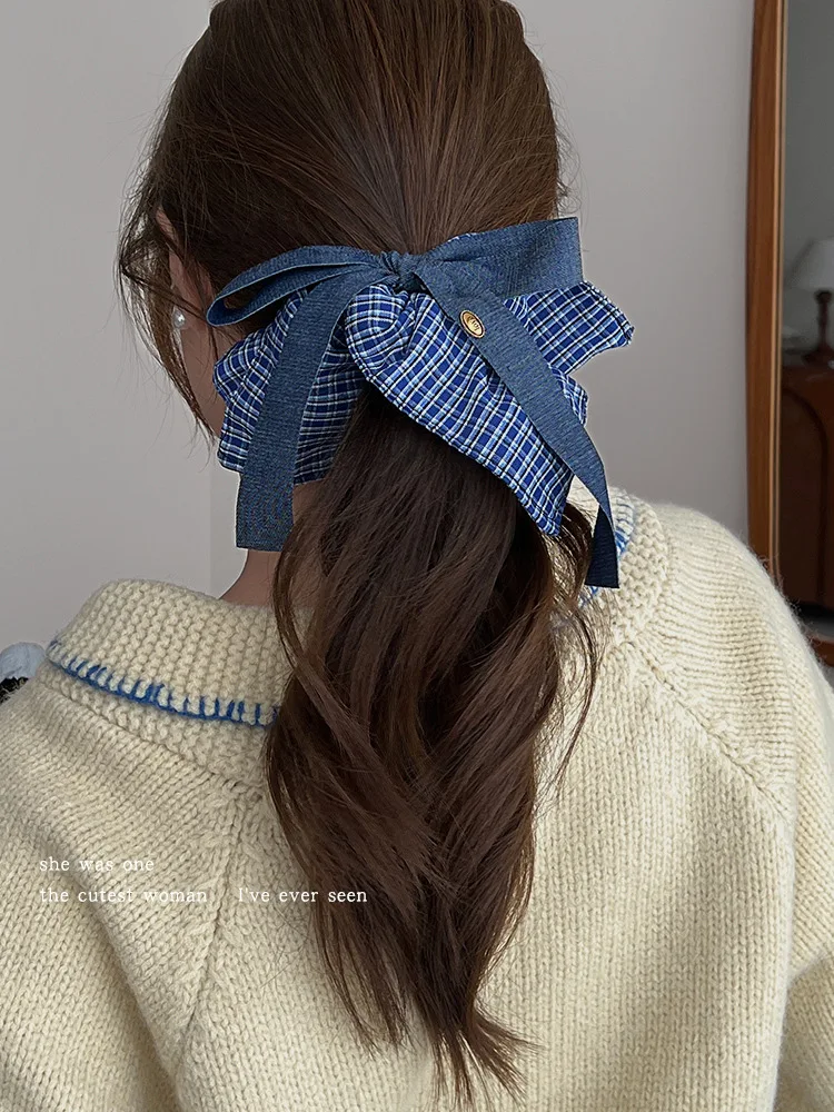 Bow Denim Blue Plaid Square Towel Large Intestine Hair Band Femininity Square Hair Accessories Headrope Rubber Band