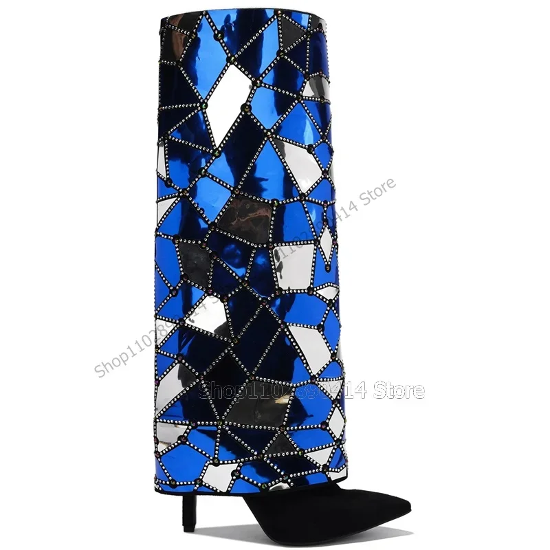 

Crystal Crack Pattern Turned Over Pointed Toe Boots Slip On Women Shoes Thin High Heels Fashion Runway 2023 Zapatos Para Mujere