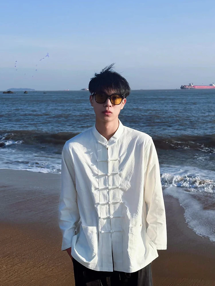 

New Chinese Style Men's Long Sleeve Shirt Stand Collar Button up Coat Spring Fashion Standard Fit Youth Popular Polyester Fiber