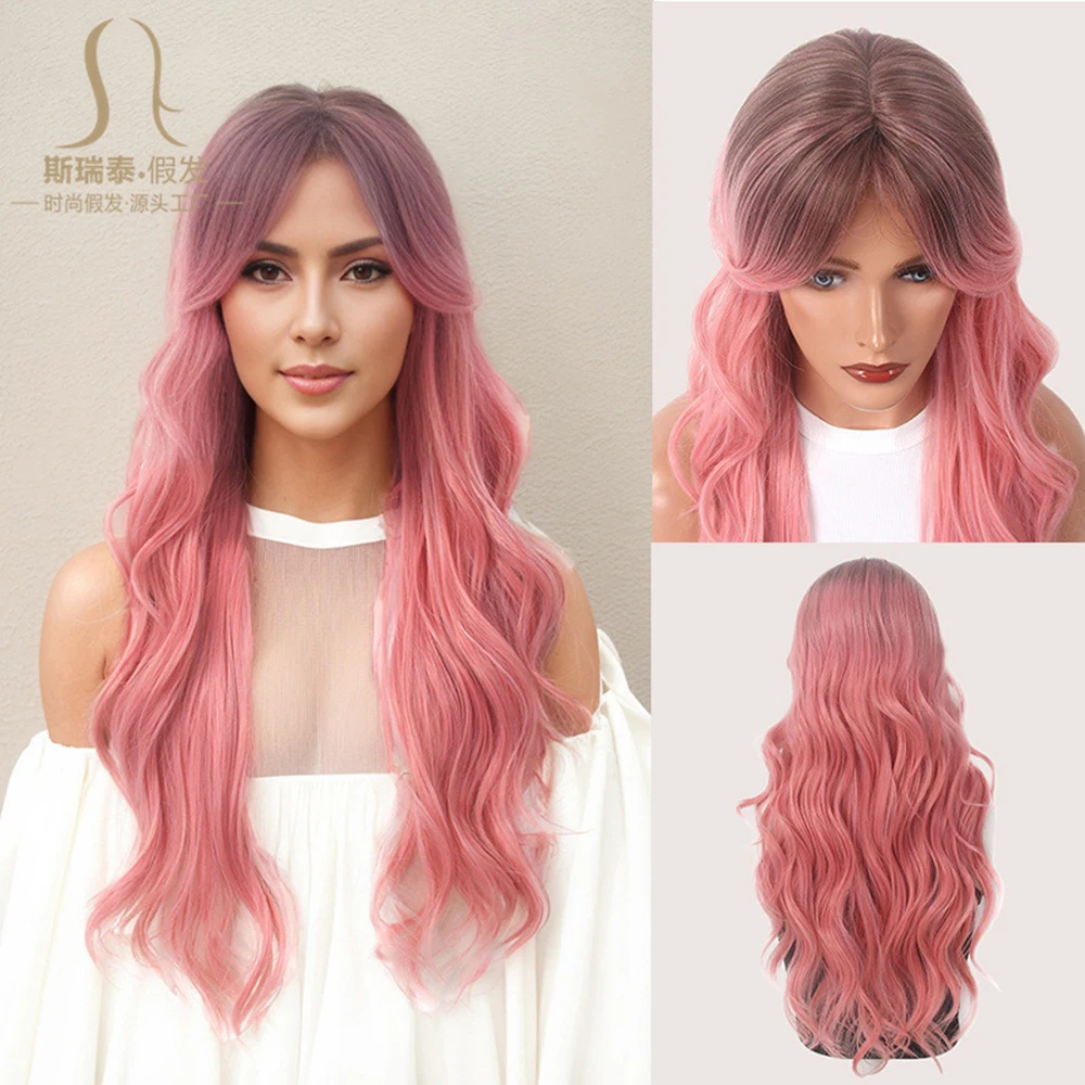 New full head hairstyle wig, pink long curly hair for women, top dyed gradient wig cover, role-playing party wig