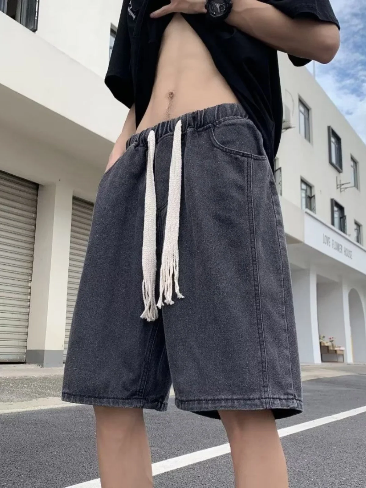 

Retro Hong Kong Sle Loose Fit Casual Thin Denim orts for Men Summer Wearable Versatile Wide Leg Five-Quarter Pants