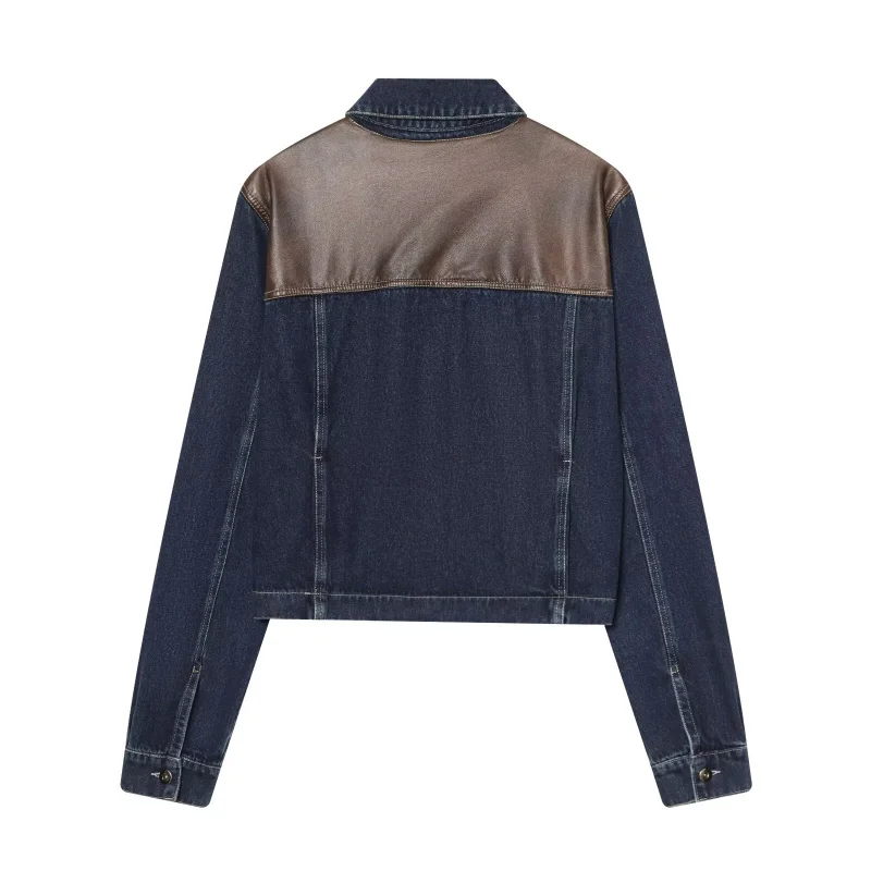 ETJ Women's Denim Jacket & Jeans Set Cropped Leather Patch Oversize Wide Leg Pants Outfit 2026 Fashion Two Piece view 3