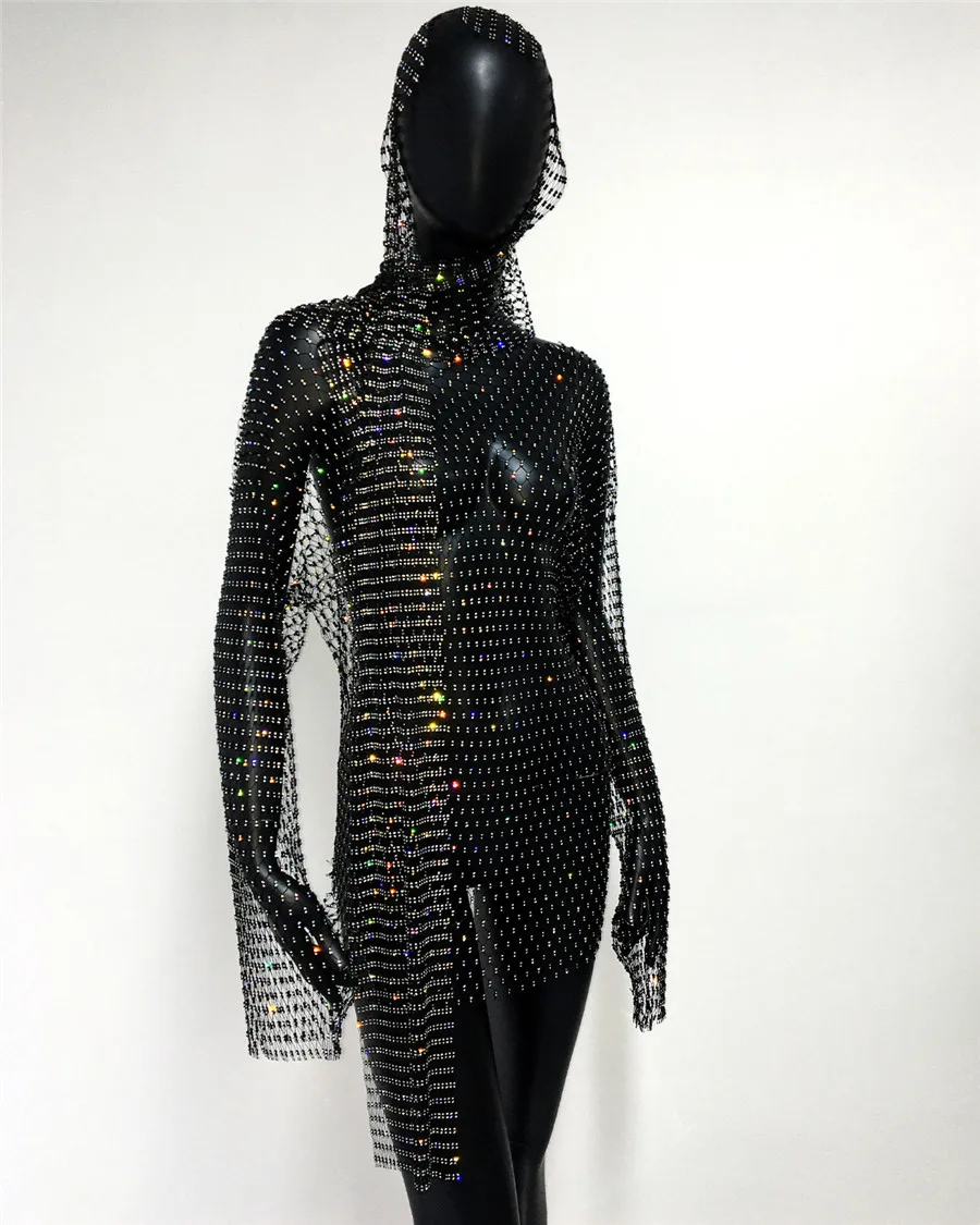 Brilhante strass capuz vestido de malha pura feminino festa chapelaria gótico fishnet boné manga longa solto vestido curto 2 peças conjunto vestido