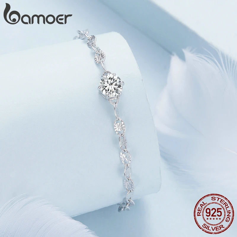 Bamoer 925 Sterling Silver Round Zircon Bracelet Lobster Clasp Adjustable Chain Link for Women Birthday Annivesary Gift  BSB142