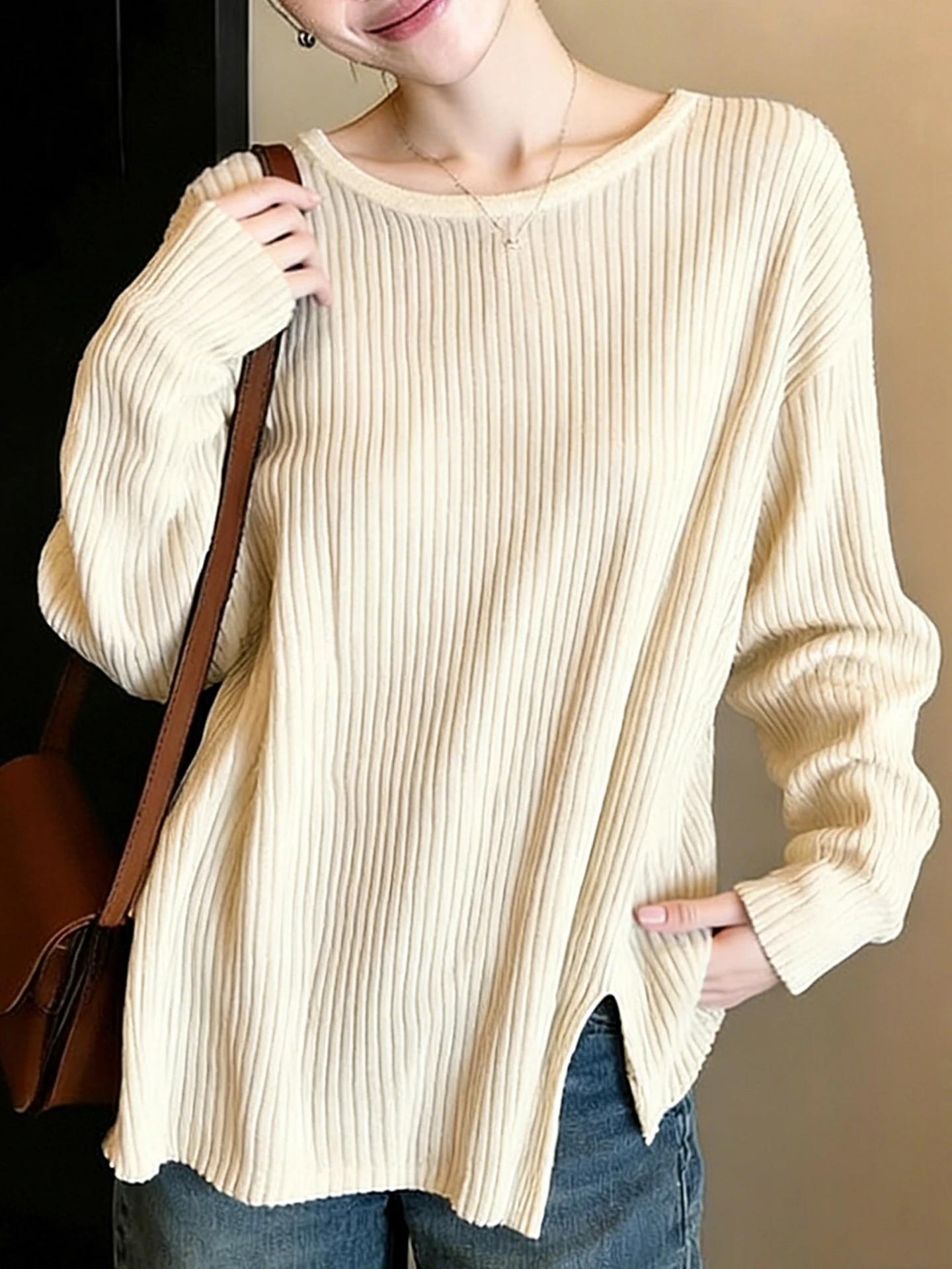 Soft Skin-Nice Long Sleeve Knitted Sweater Lazy Style  Color Versatile Commuting Unique Overhead Shirt Early Autumn