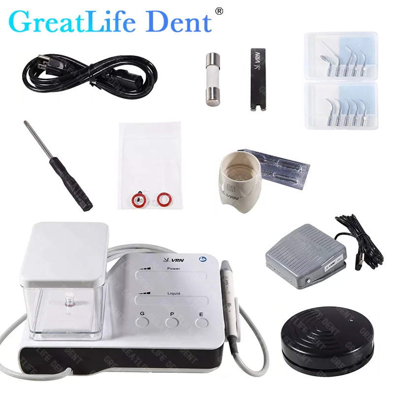 GreatLife Dent Dental VRN DA-20 Dental Ultrasonic Scaler Machine 10pcs LED Handpiece Tips Wireless Pedal Dental Scaler Device