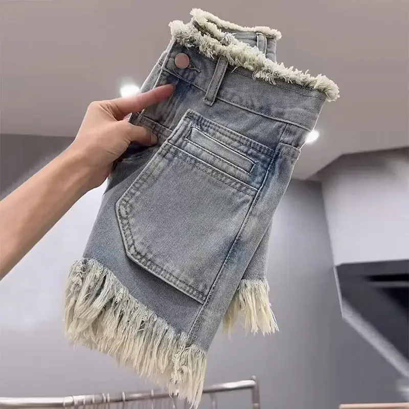 American denim shorts women's summer design sense big pockets fringed loose wide-leg pants high waist A-shaped hot pants