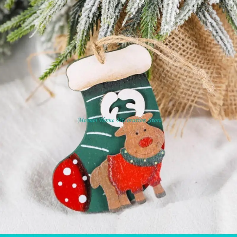 H7BF Christmas Tree Hanging Ornament Rustic Vintage Wooden Elk Stocking Pendant Colorful Onrmanet Xmas Home Party Decor