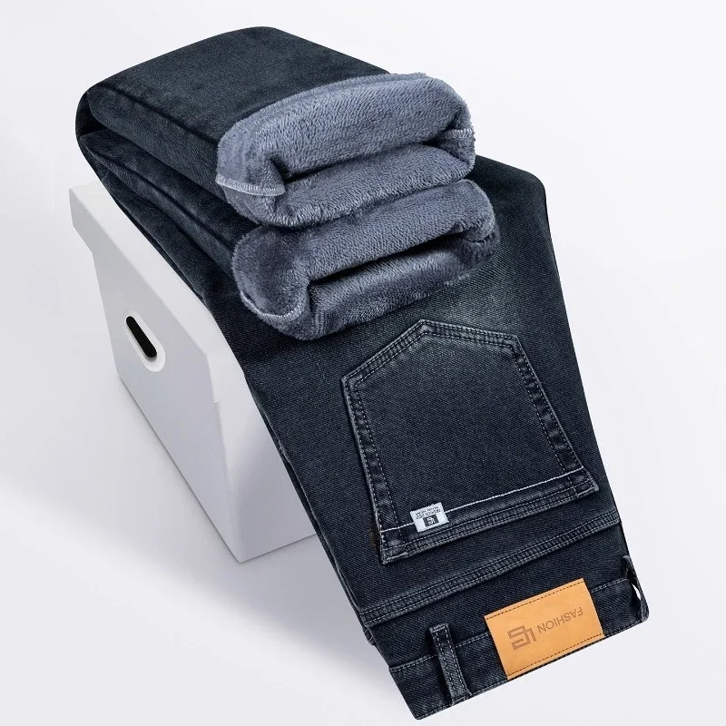 Winter Fleece Thickened Warm Men's Jeans Retro Blue Velvet Straight Leg Length Nine-point Denim Trousers Lined Wool  Pants