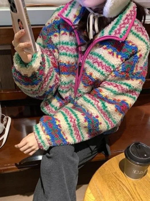 

Faionable Floral Lamb Fur Jaet Women's Autumn Winter Cotton Coat with kets Ele Versatile Quali Chinese Brand