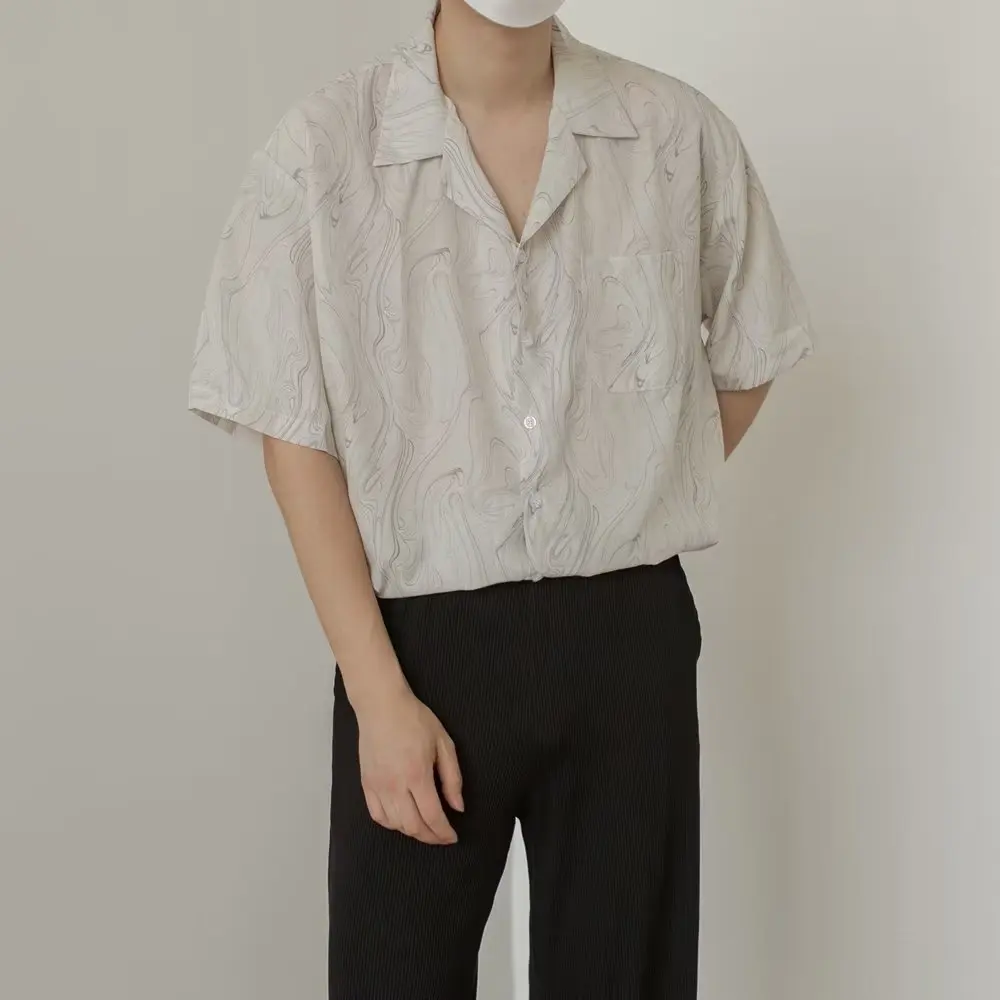 Ice Silk Men's Short Sleeve Shirt Casual Summer Loose Fit Wave Pattern Cuban Collar Youth Trend Loose Style No Ironing Required