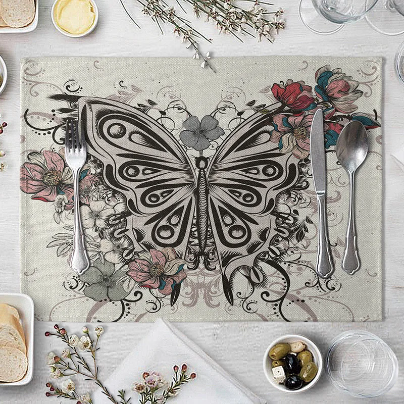Colorful Butterfly Linen Placemat, Durable & Non-Slip, Home Kitchen & Dining Table Mat