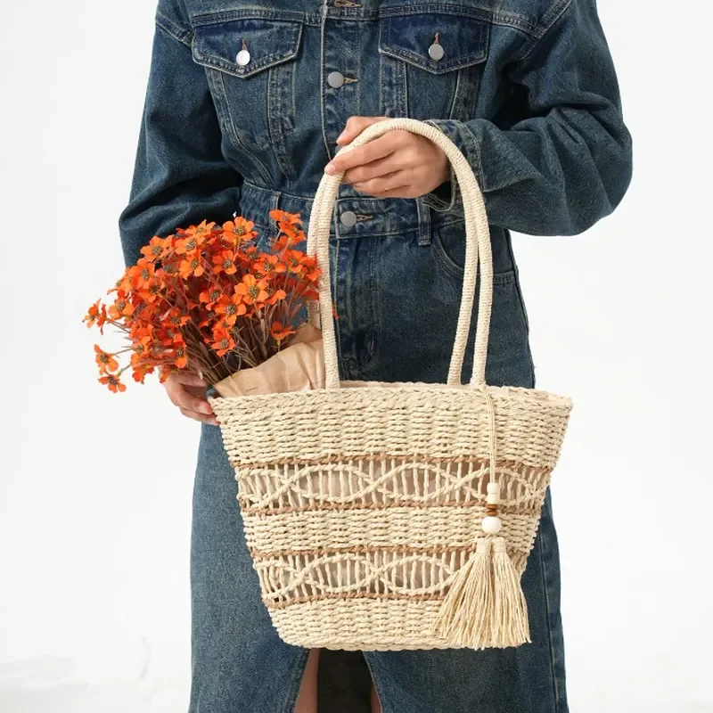 Sac cabas en paille à épaules creuses, tissé à la main, style panier, grande capacité, pour la plage et les vacances, pour femme