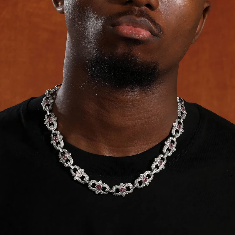 Hip Hop 5A+ CZ Stone Paved Bling Iced Out Coffee Beans Link Chain Necklaces for Men Rapper Jewelry Pink Blue Silver Color