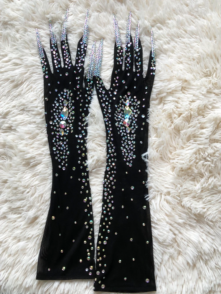 Guantes de malla de cristal brillante para baile de graduación, ropa de noche lujosa, guantes de rendimiento para escenario, Sexy