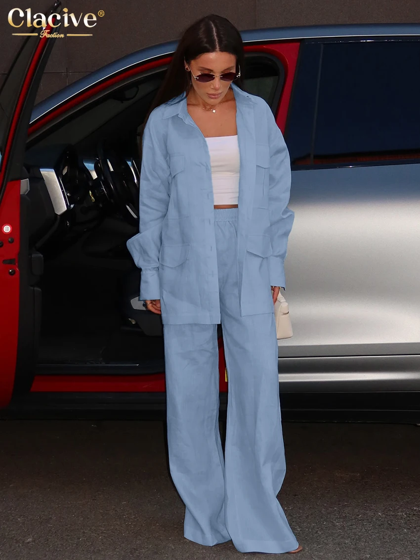 

Clacive Fashion Loose Blue Linen 2 Piece Set Women Elegant Long Sleeve Shirt With High Waist Wide Pants Set Female Streetwear