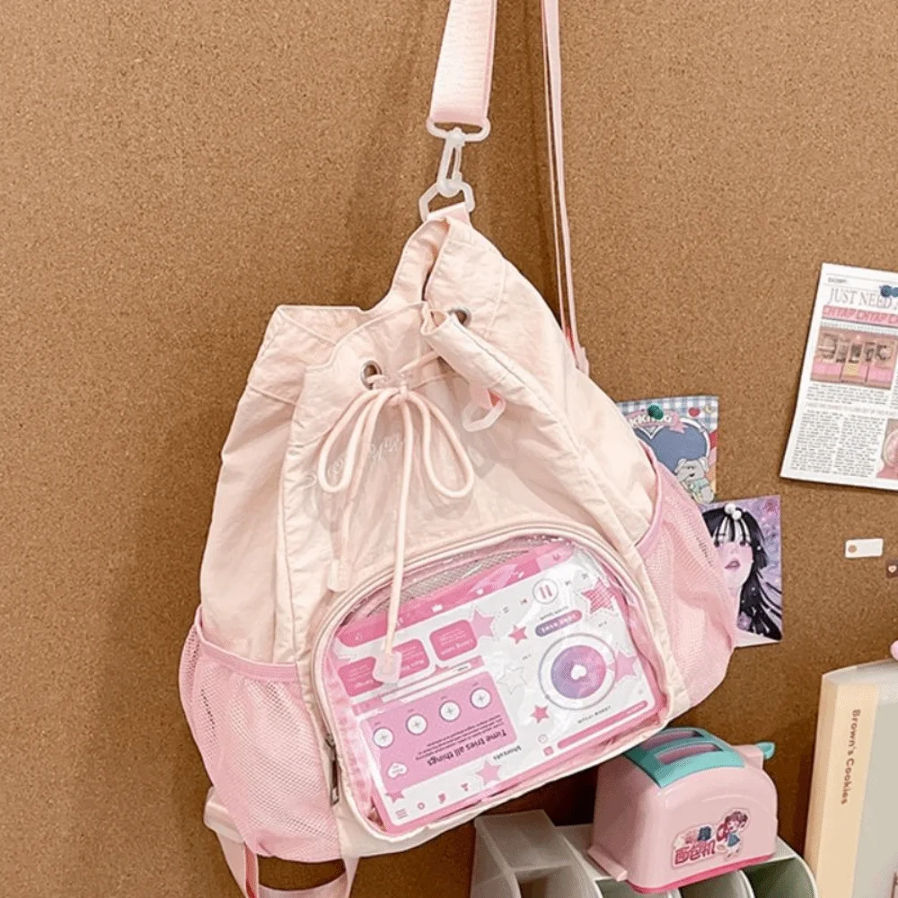 Knapsack Transparent Nylon Drawstring Backpack Lightweight Badge Display Casual Ita Backpack Sweet Harajuku Y2k Schoolbag Travel