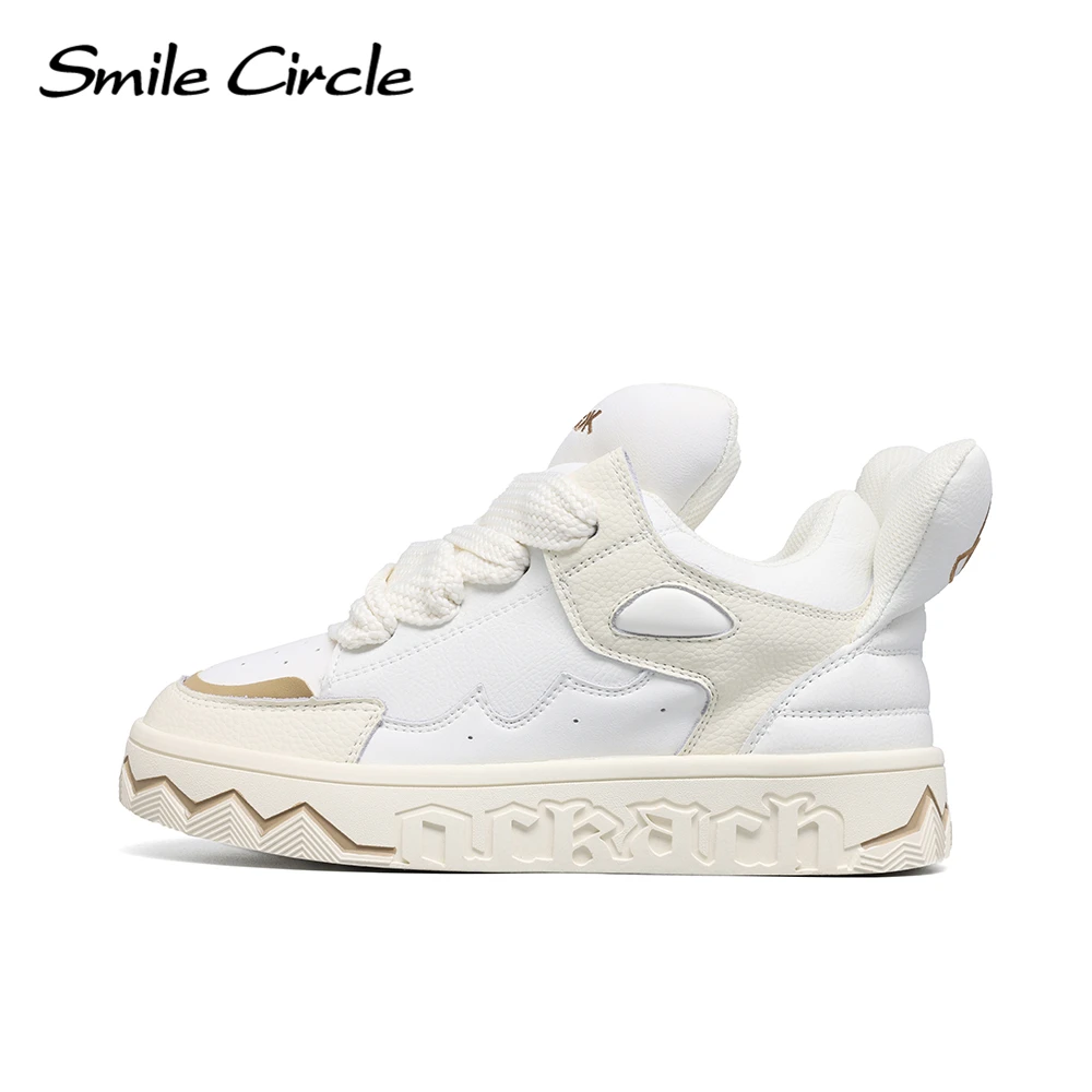 Smile Circle Chunky Sneakers Women\'s Leather Lace-up Fashion Flat Platform Shoes Round Toe Comfortable Casual Sneakers