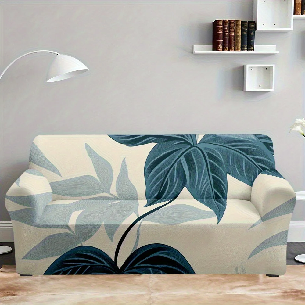 1pc Elastic Sofa Cover, Teal Palm Leaf Watercolor Couch Cover for Home Decor, Removable Washable Furniture Protector