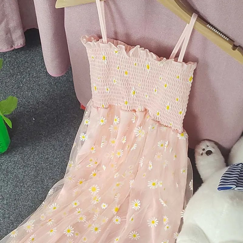 Vestido largo de gasa con estampado de margaritas para mujer, corpiño ahumado con tirantes finos, vestido informal bohemio de corte A para playa y verano