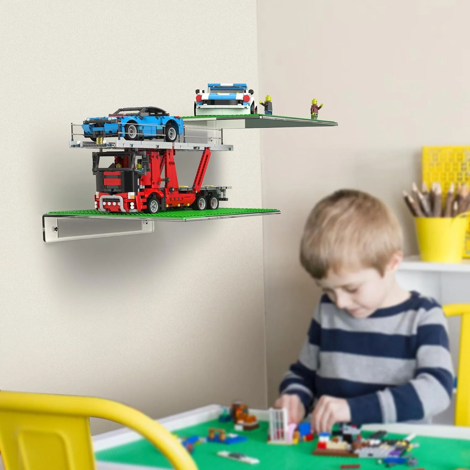 Acrylic Floating Shelves for Building Bricks Compatible with Toy Block Brands Dual‑Sided Studs for Toy Brick