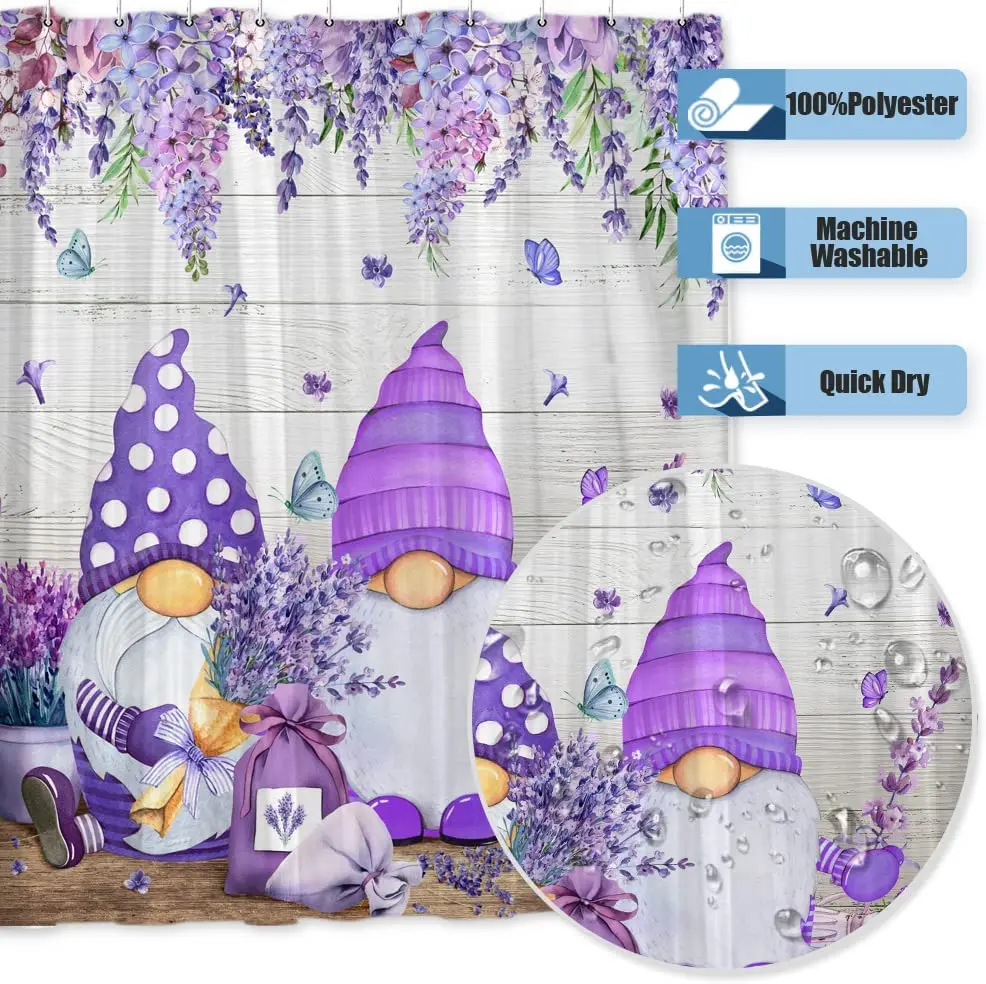 Lavender Gnome Shower Curtain Farmhouse Rustic Wooden Board Watercolor Purple Floral Butterfly Decor for Home Bathroom Decor Set