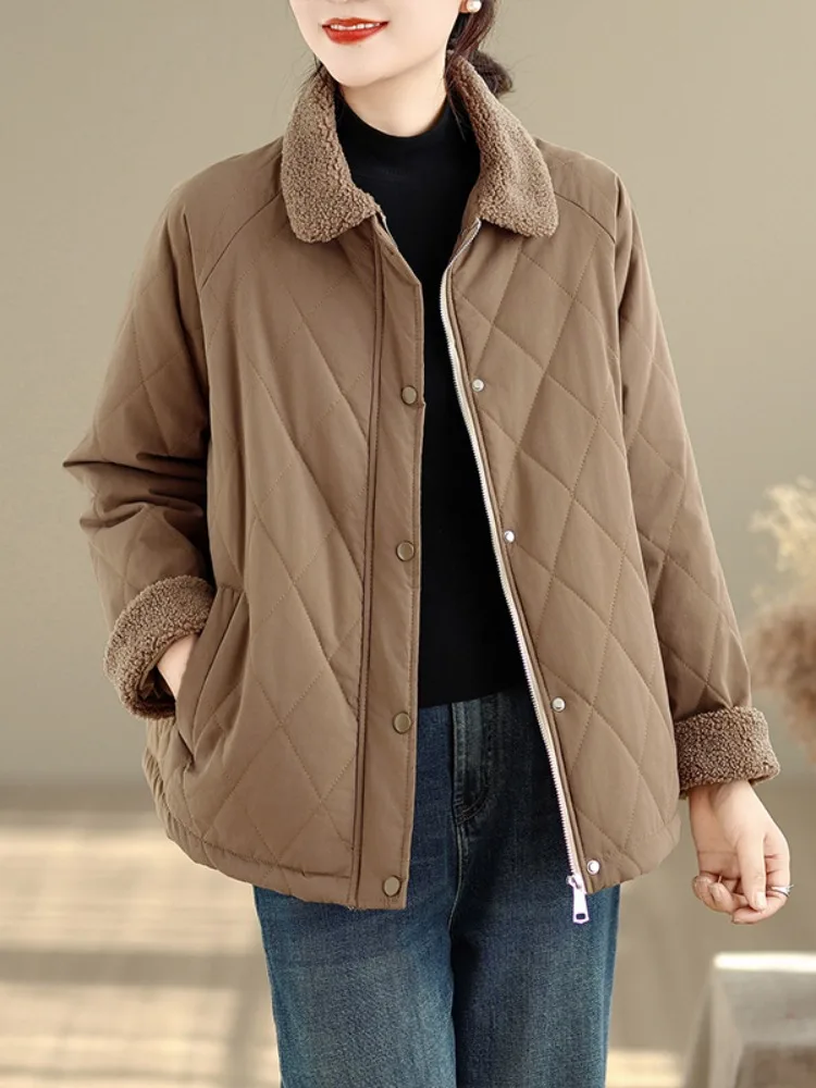 Retro Quilted Lamb Fur Casual Lightweight Collar Jacket Ladies Winter Fashionable Cotton Clothes Patchwork Cotton Coat