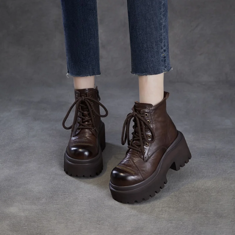 DRKANOL Autumn Winter Warm Ankle Boots For Women Luxury Design Genuine Leather High Heel Height Increasing Platform Retro Boots