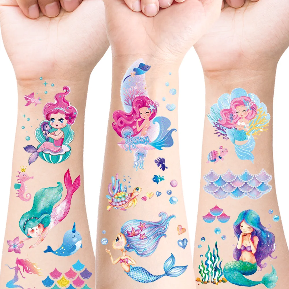 6 Sheets Glitter Mermaid Temporary Tattoo Stickers, Seaside Beach Mermaid Themed Party Favors, Birthday Supplies, Gifts