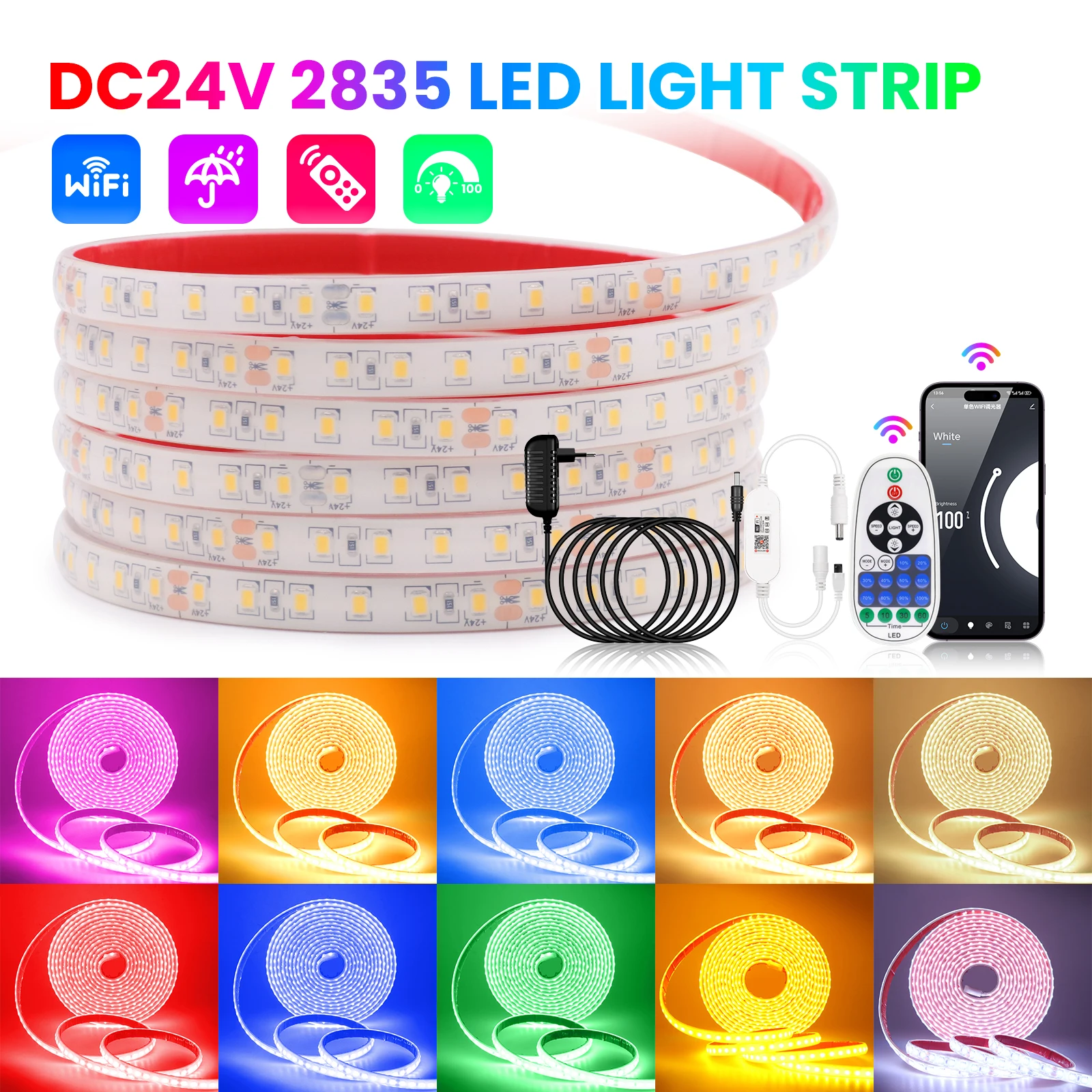 Dimmable LED Strip WIFI Control IP68 Waterproof 24V 120Leds/M Flexible Ribbon Rope Light White Red Blue Pink Home Garden Decor