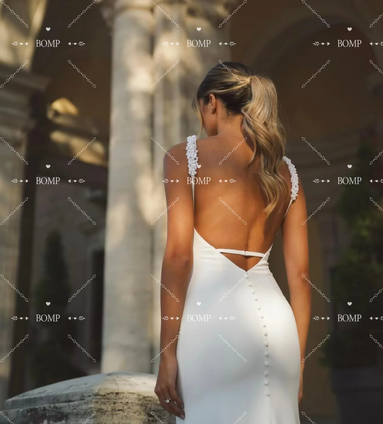 BOMP أنيقة اللؤلؤ الأشرطة فستان الزفاف للعروس مفتوحة الظهر حورية البحر سويب تراين فستان زفاف مخصص Vestido de novia 2026 #4
