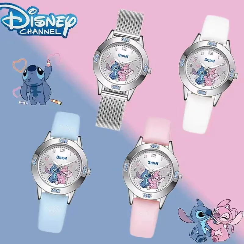 Stitch Student Watch Fashion Cartoon Dial with Water Diamond Women's Watch Leather Strap Suitable for Wearing Quartz Watch